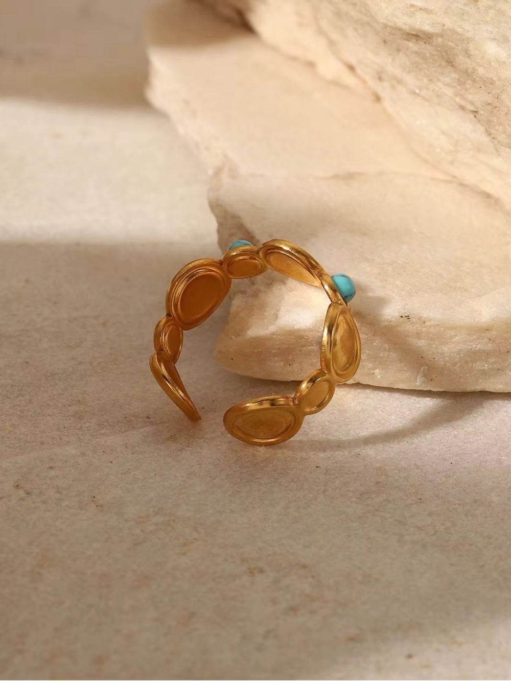 18K Gold Plated Adjustable Natural Turquoise Stone Ring - Picture 7 of 9